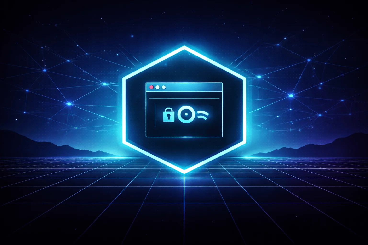 Dark charcoal vaporwave grid with glowing cyan hexagon representing browser security architecture